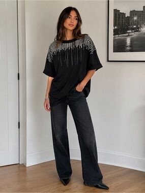 Black Sequin-Trim women’s oversized tshirt!